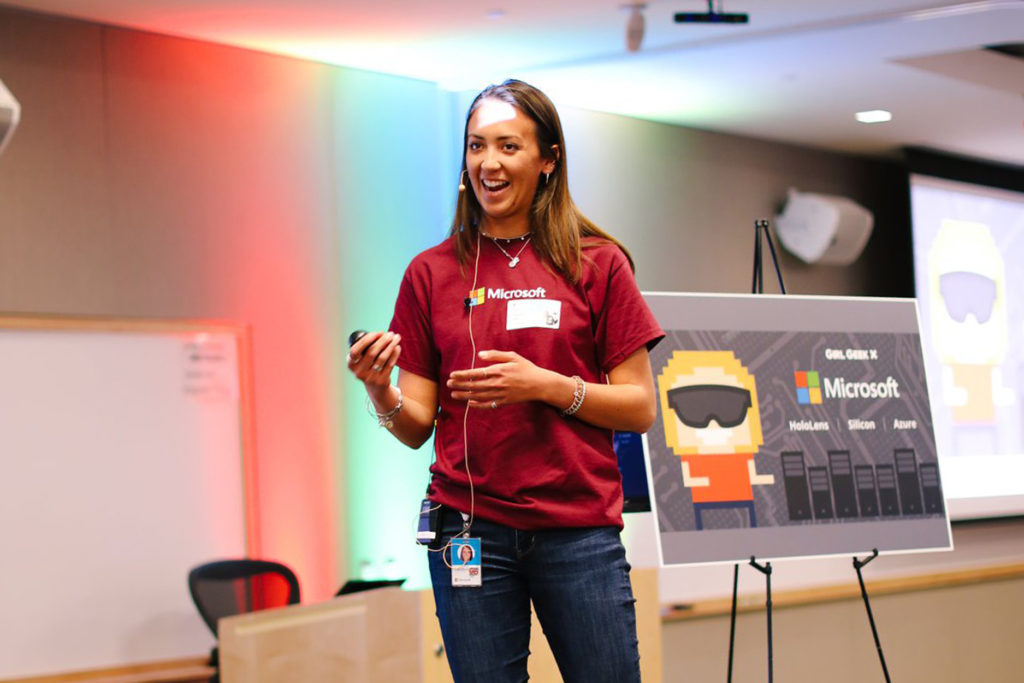 Microsoft Mechanical Engineer Carolyn Lee gives a talk on HoloLens at Microsoft Hardware Girl Geek Dinner.