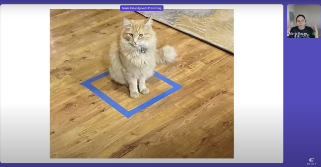 Screenshot of a slide from Maria Kazandjieva's talk. (Engineering Leader and Co-Founder at Graft). An orange long-haired tabby cat sits on a wooden floor, with all 4 paws inside a blue square that's taped out on the floor. 
