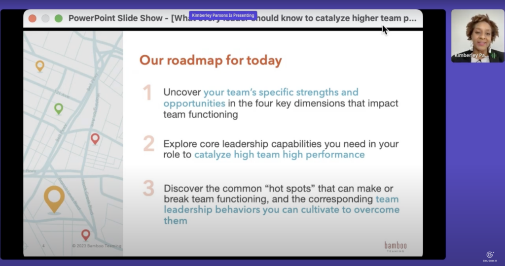 Powerpoint slide presented by Kimberley Parsons (CEO of Bamboo Teaming) during Elevate 2023 Virtual Conference. 

To the right, a smiling and professionally dressed black woman is speaking to the camera. 